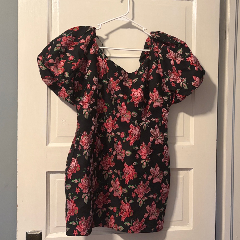 MINKPINK Black Dress with Red and Green Floral Design